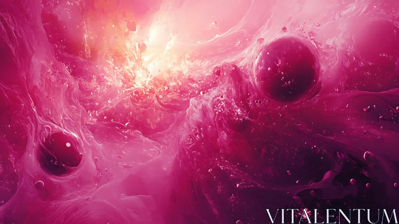 Crimson cosmic spheres drift through luminous liquid nebula