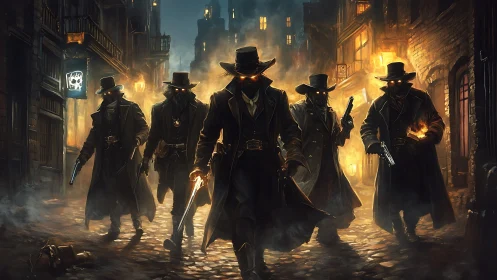 Masked gunmen in long coats on firelit cobblestone street.