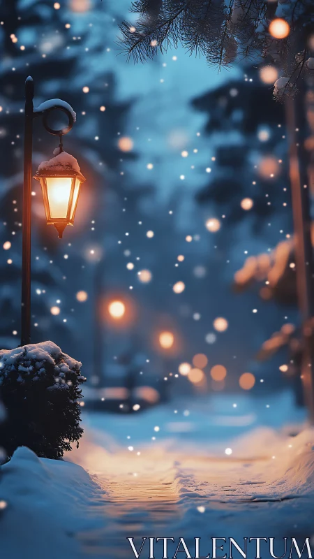 Digital painting of lamplit snowy path with bokeh depth.