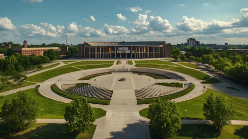 Modern campus plaza with circular amphitheater at sunset.