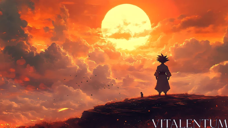 Silhouetted warrior studies blazing sunset sky from ridge