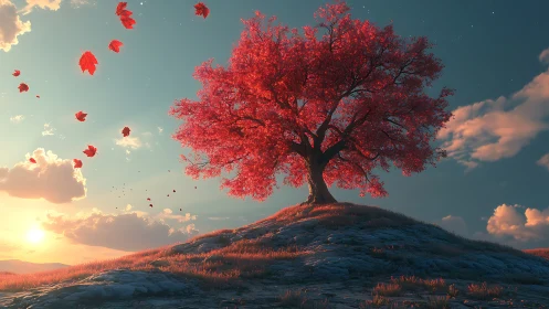 Solitary red tree on hill at sunset with drifting leaves.