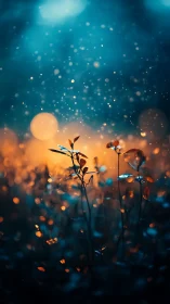 Bokeh-lit wild foliage under teal and amber twilight glow.