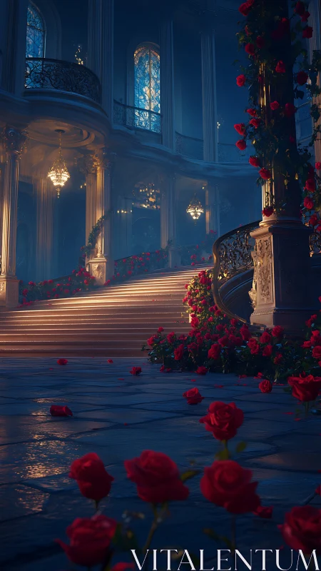 Grand interior staircase is illuminated and covered with roses