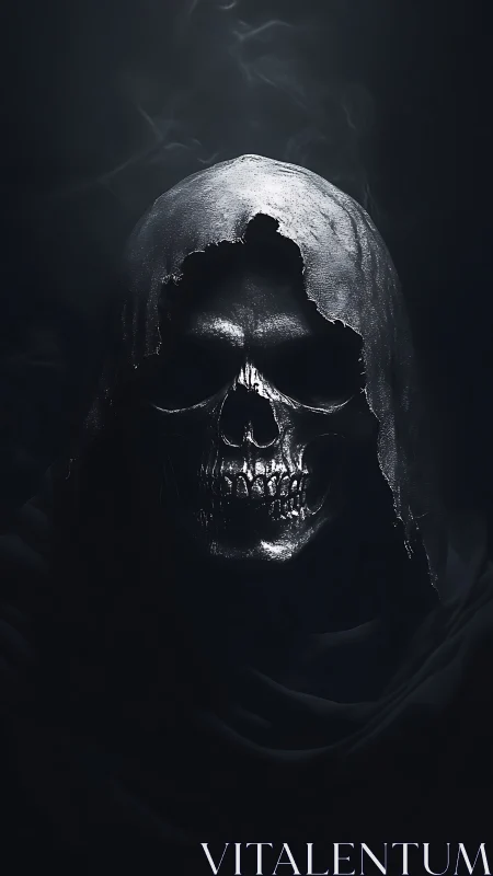 Hooded metallic skull emerging from shadowed darkness.