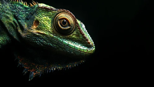 Macro side profile shows detailed reptile head in shadow