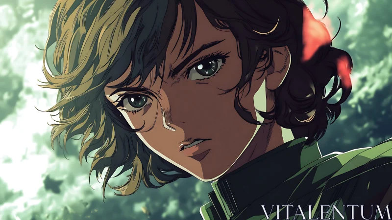 Resolute anime hero bathed in stormy, cinematic light.