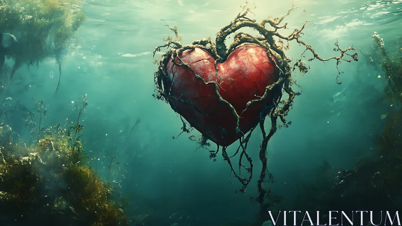 Red Heart with Root Vines in Turquoise Water