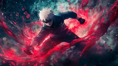 Epic anime warrior unleashes swirling crimson power.
