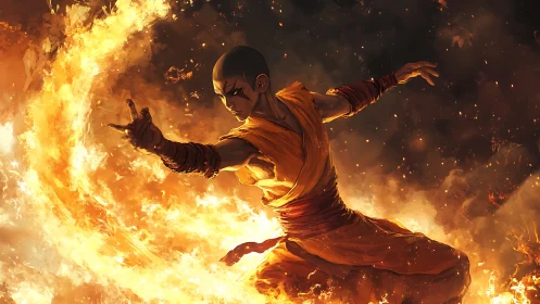 Robed Figure with Shaved Head Manipulating Flames.