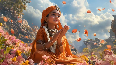 Joyful child in orange robes surrounded by drifting petals.