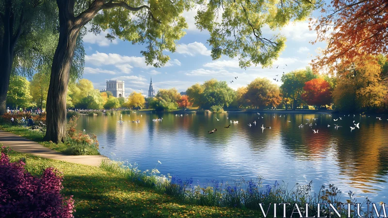 Lakeside city park under bright autumn foliage and birds.