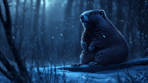 Groundhog sits in moonlit winter forest, blue snow glow.