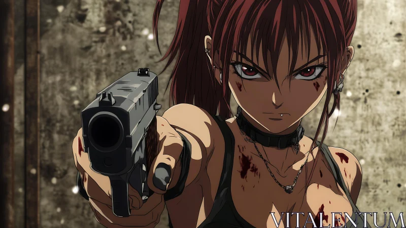 Gun-wielding redhead in gritty anime combat close-up.