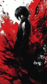 Monochrome anime figure emerges from violent red ink splashes