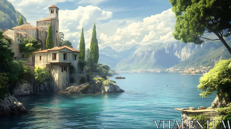 Lakeside Chapel Overlooks Alpine Valley With Turquoise Waters.