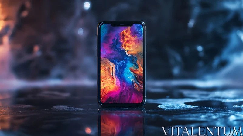 Neon river smartphone glowing amid misty electric twilight.