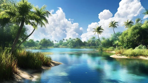 Tropical River Landscape with Palm Trees and Azure Waters. Digital Rendering.