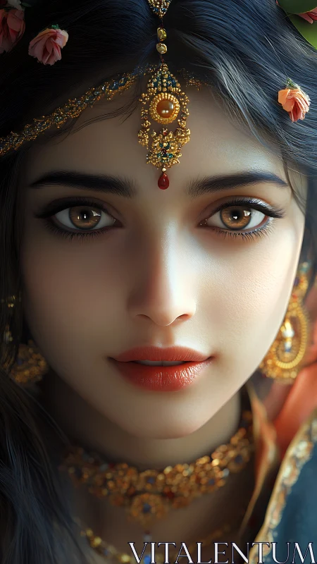 High-fidelity digital portrait of jeweled South Asian visage.