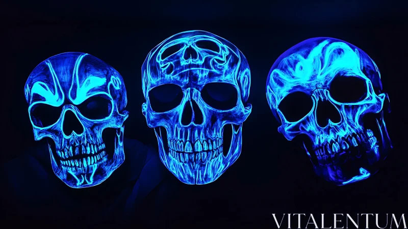 Neon skull trio humming blue fire in ultraviolet dark.