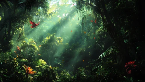 Volumetric sunbeams over dense tropical rainforest canopy