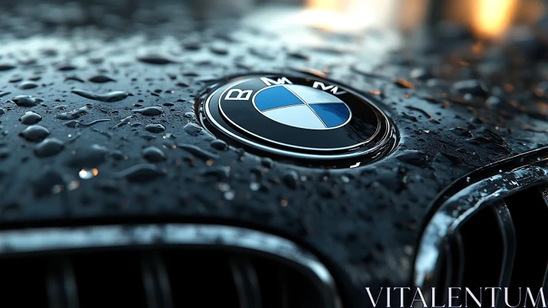 Rain-dappled hood turns car emblem into tiny urban moon