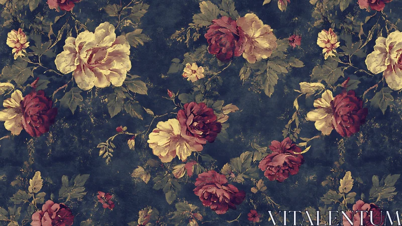 Vintage floral wallpaper pattern with painterly roses on distressed navy ground