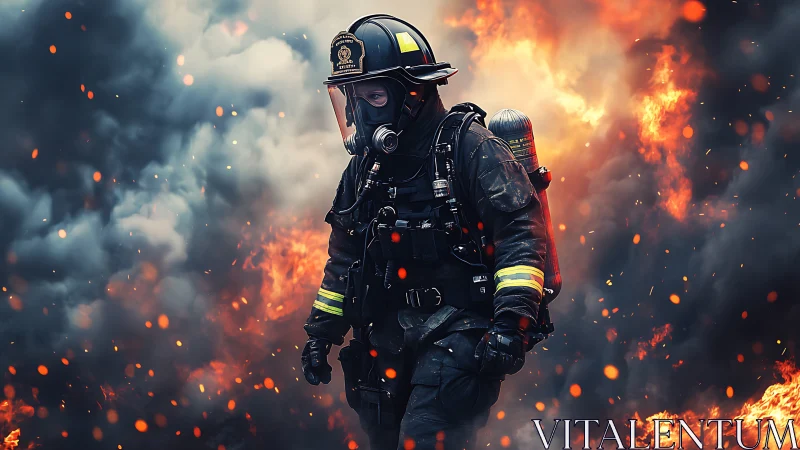 Firefighter in Inferno: Heroic Stance Against Raging Flames.