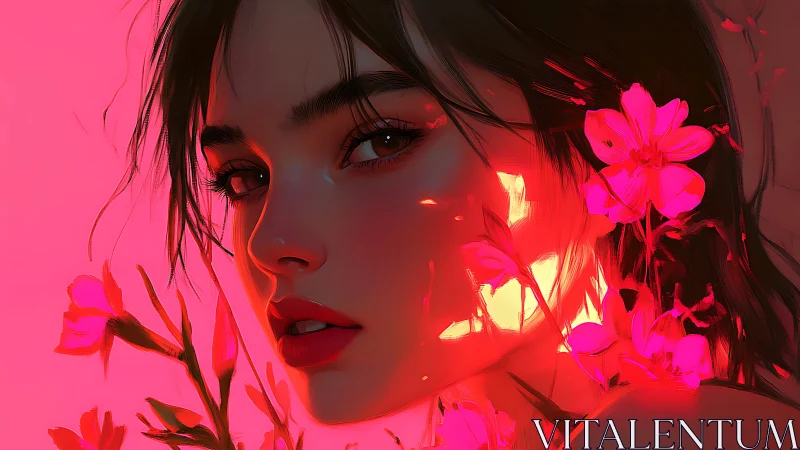 Digital portrait of woman with neon pink floral light.