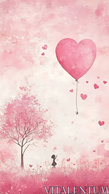 Silhouetted Child Ascending Pink Heart-Shaped Balloon in Painterly Landscape.