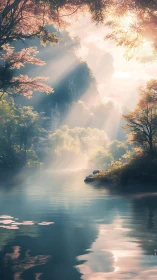 Sunlit river valley shows mist, scattered trees and rock formations