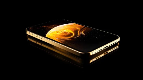 Sleek modern smartphone with golden cosmic display, digital art.