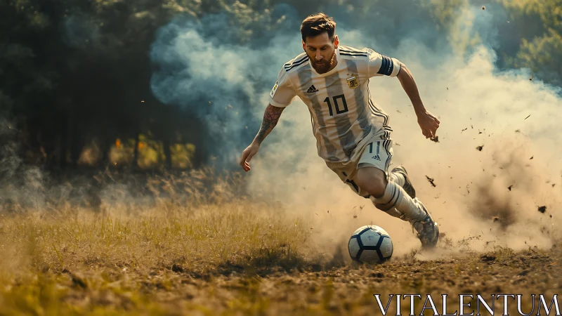 Dynamic football sprint in dusty backlit outdoor field action.