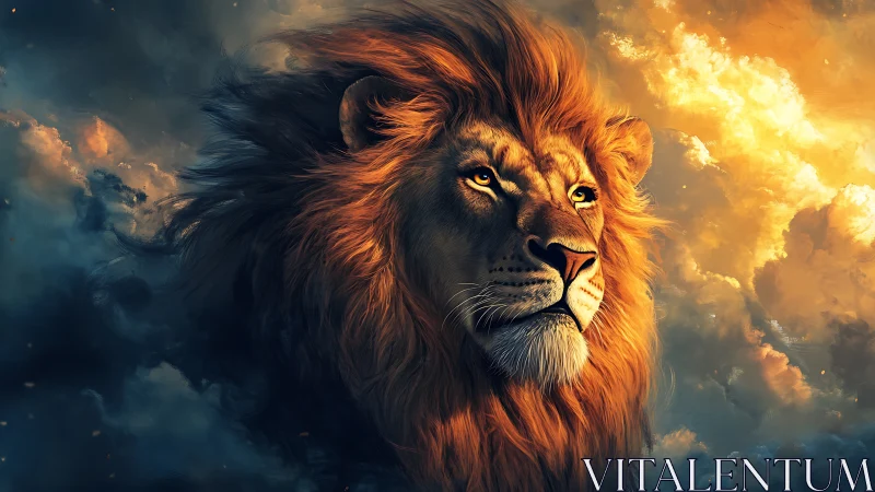 Digital lion portrait against dramatic clouded sky background.
