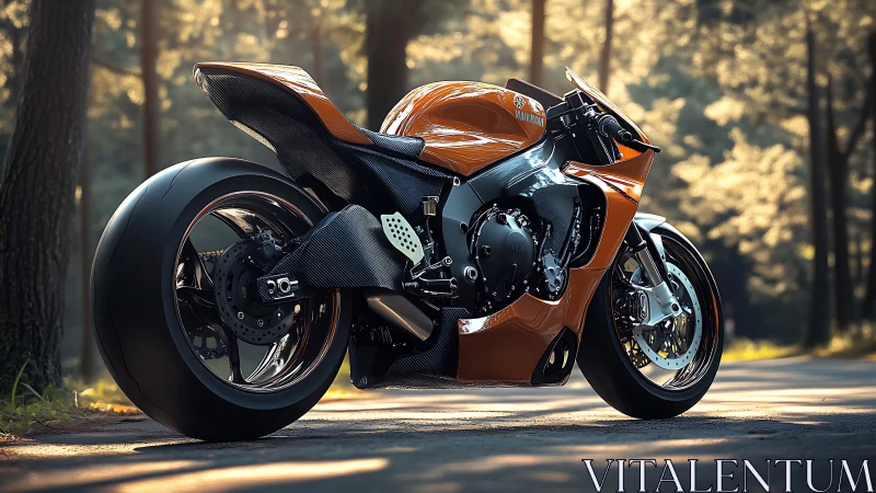 Orange sport motorcycle on forest road in soft daylight.