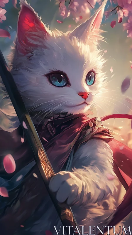 Swordbright cherry blossom cat hero in enchanted armor.