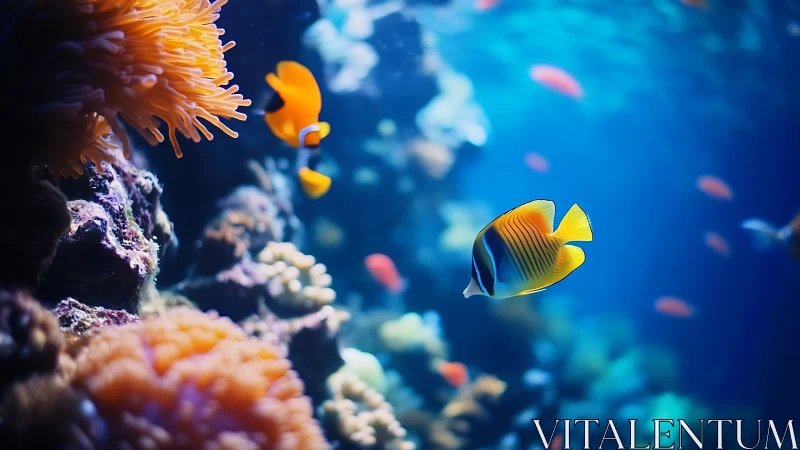 Tropical reef fish among corals in clear blue water.