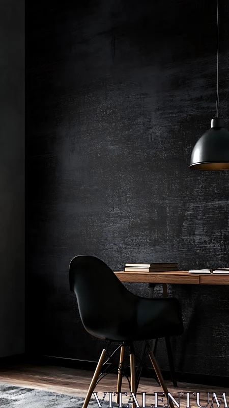 Dark workspace with chair, pendant lamp and wooden desk.