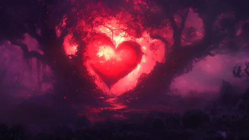 Radiant Heart: Glowing Forest Mystical Beacon.