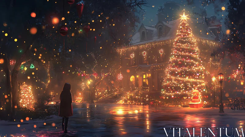 Winter night wanderer beneath a glowing Christmas mansion.