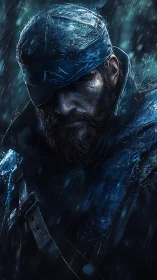 Battle-hardened warrior glares through storm-soaked shadows.