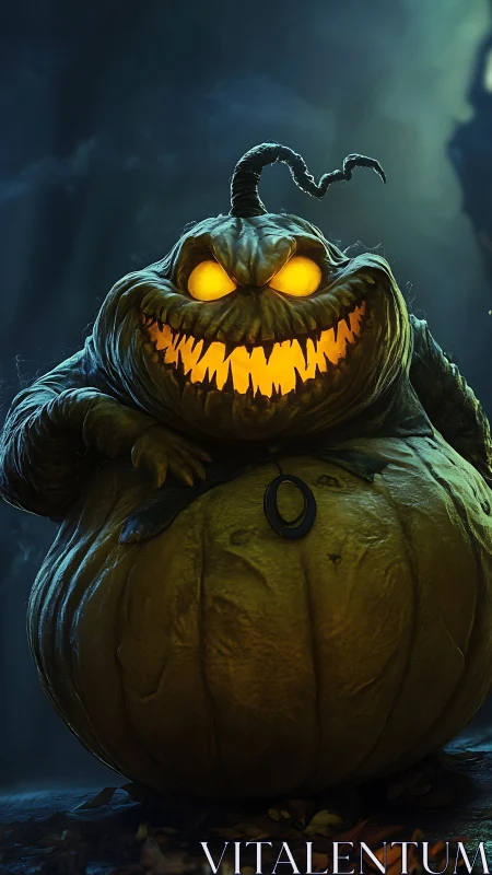 Grotesque jack-o’-lantern creature glows in cinematic moonlight