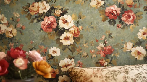 Softly faded floral dreams on a vintage storybook wall.