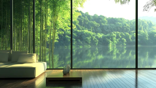 Panoramic glass-walled living space overlooking reflective forest lake