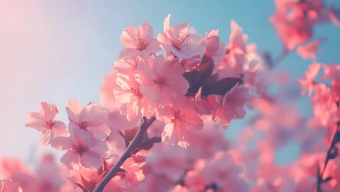 Pink Cherry Blossoms Backlit by Soft Sky.