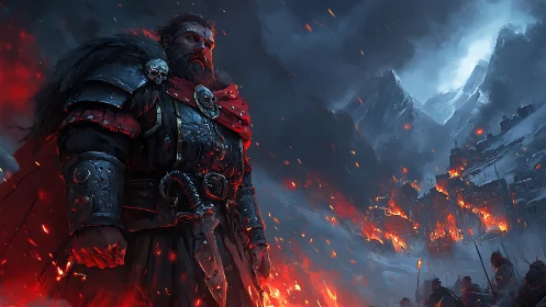 Warrior lord before burning mountain citadel at dusk.