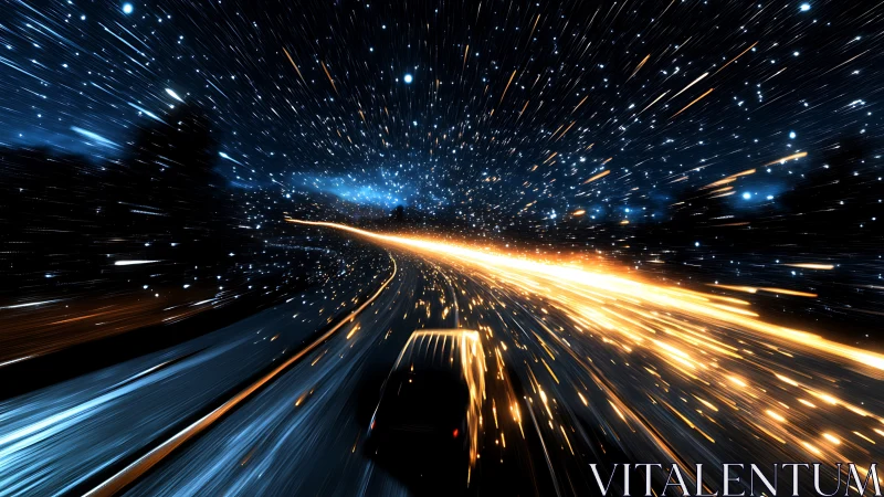 Star-slashed highway slings a lone car into cosmic speed