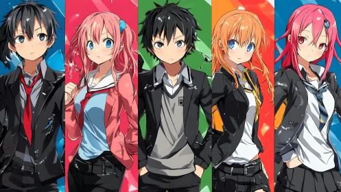 Lively anime students stand together in bold color panels