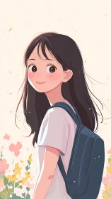 Backlit anime schoolgirl with floral bokeh environment rendering.