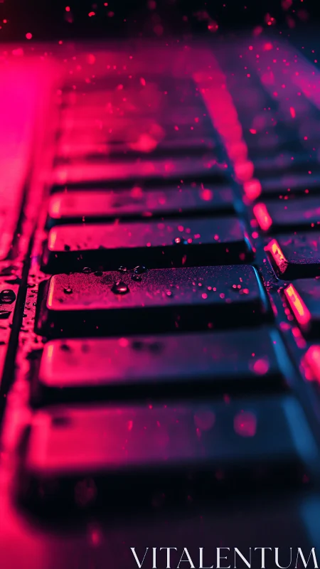 Wet laptop keyboard under neon magenta–cyan rim lighting.